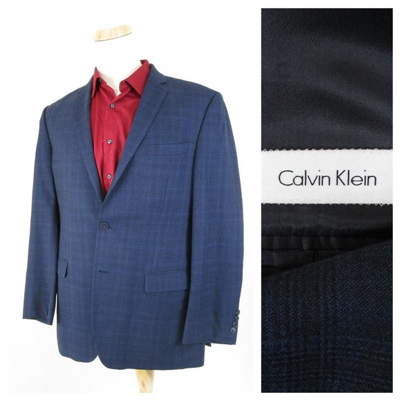 Calvin Klein Mens Dark Navy Blue Wool Plaid Sport Coat Jacket Size 42L - Picture 1 of 9